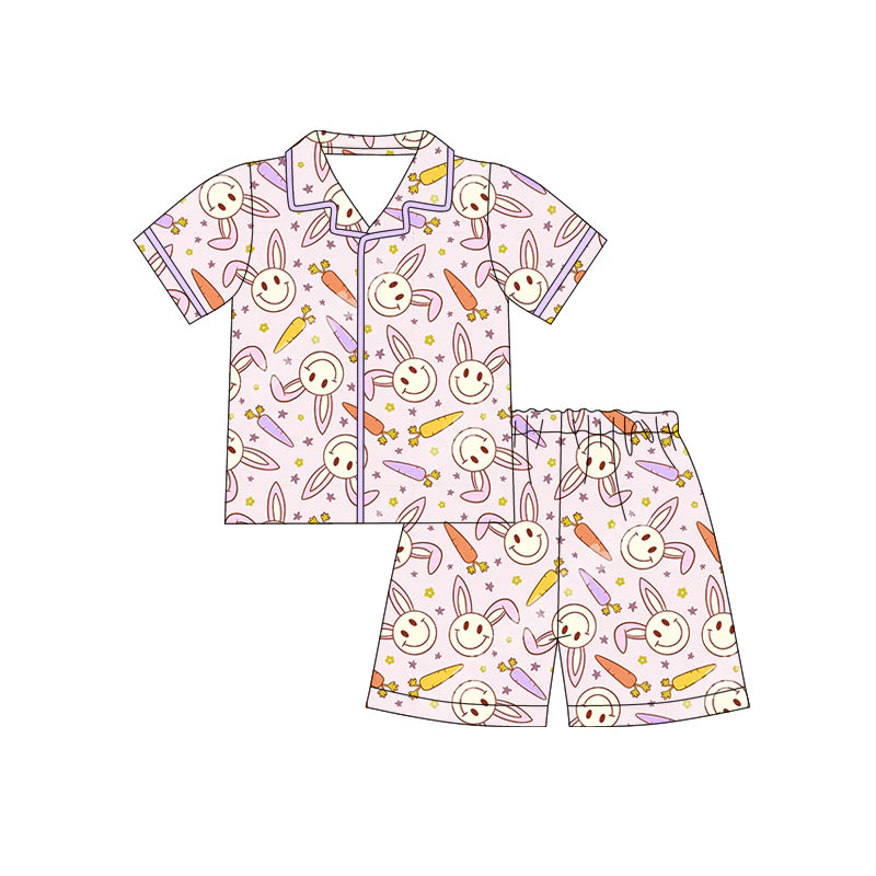 X12.18 Preorder (moq 5)Baby Girls Rabbits Carrots Stars Button Top Shorts Easter Pajamas Sets