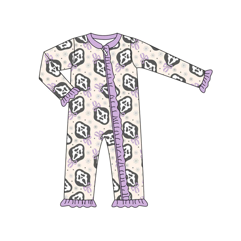 7.14Preorder (moq 5)Baby Girls Long Sleeves Bows Ghosts Plaid Ruffle Zipper Pant Romper