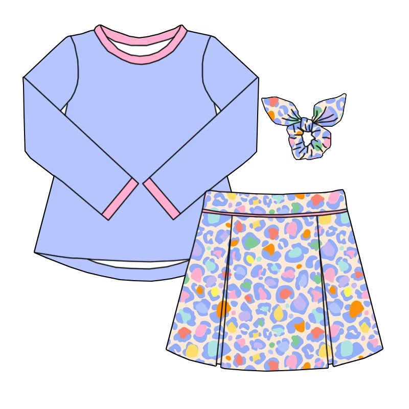 6.10 Solid color top blue purple leopard print skirt and pants set