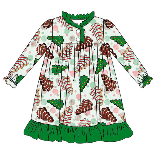 6.17 Christmas tree green button long sleeve dress