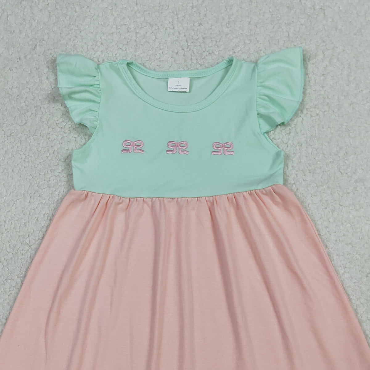 GSD3530 Embroidery Bows Baby Girls Flutter Sleeve Patchwork Knee Length Dress