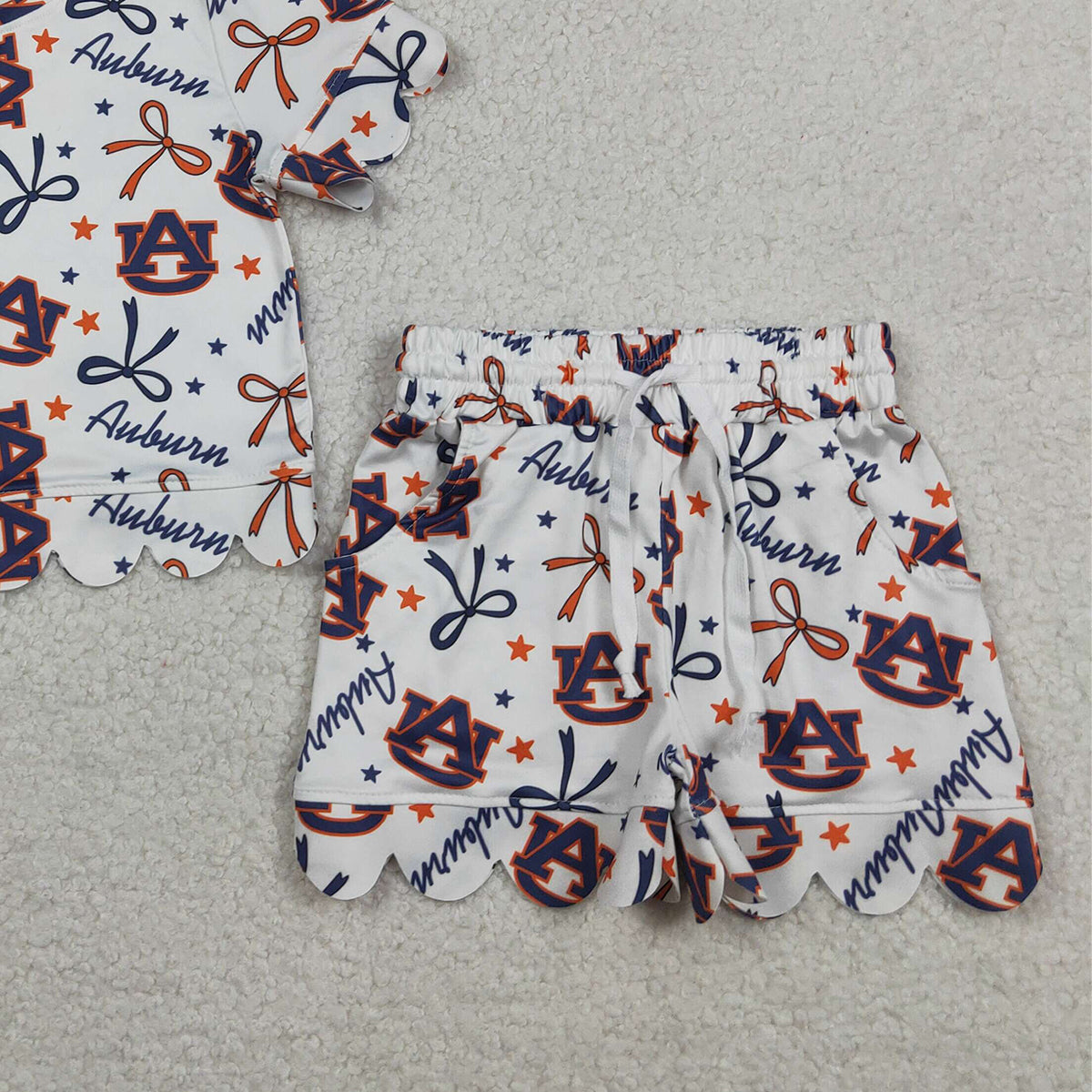 3.30 GSSO3252 Baby Girls Short Sleeve Star Bows Top Scallop Shorts Team Clothes Sets