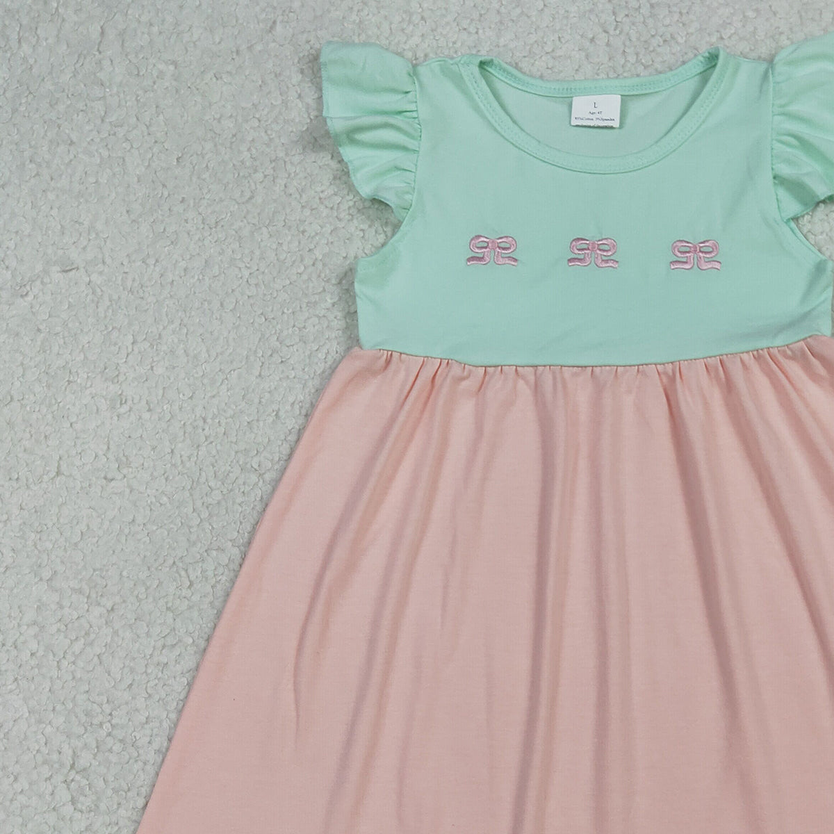 GSD3530 Embroidery Bows Baby Girls Flutter Sleeve Patchwork Knee Length Dress