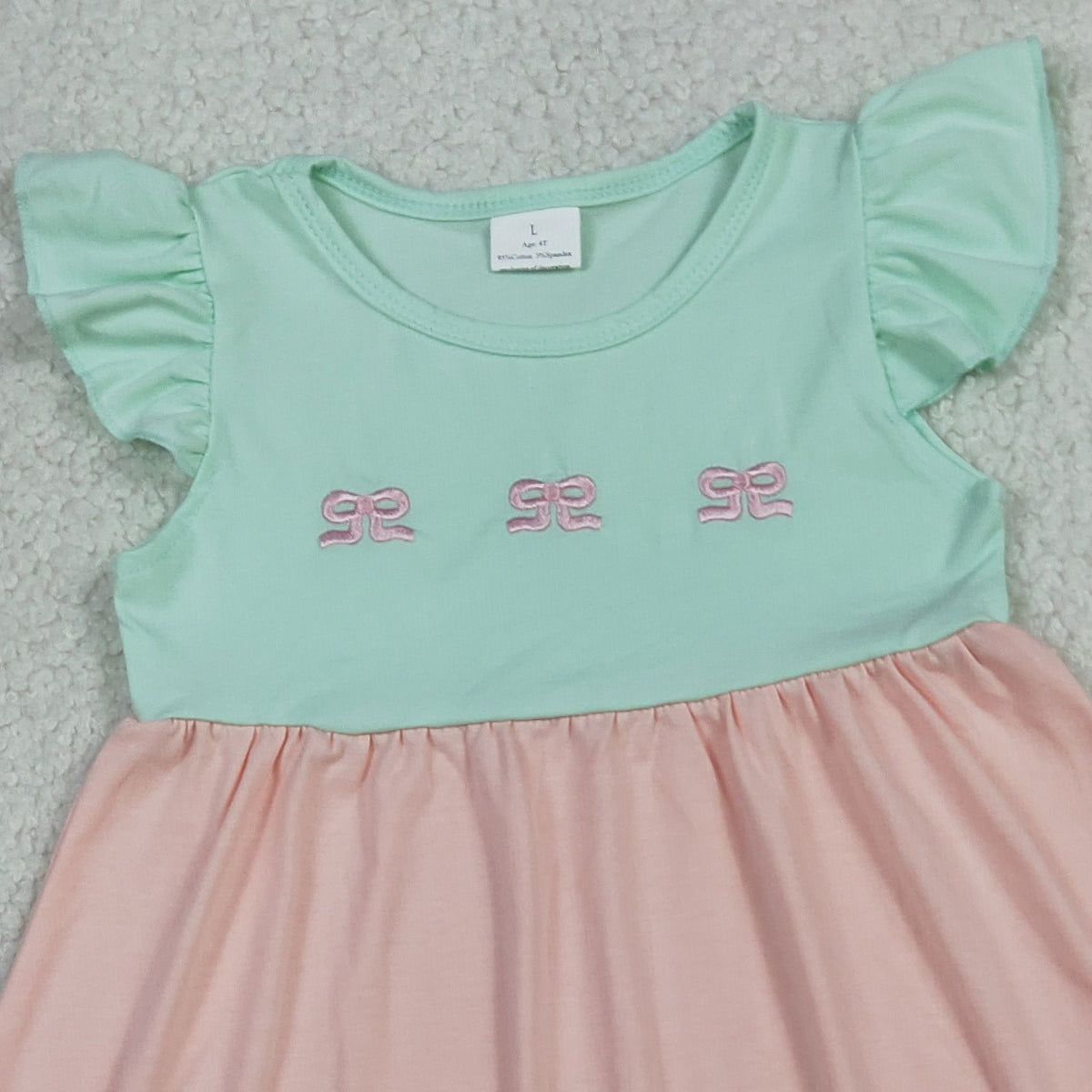 GSD3530 Embroidery Bows Baby Girls Flutter Sleeve Patchwork Knee Length Dress