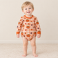 NEW RTS NO MOQ milk silk LR3236 Baby Boys Long Sleeve Orange Checked Pumpkins Leaves Fall Romper