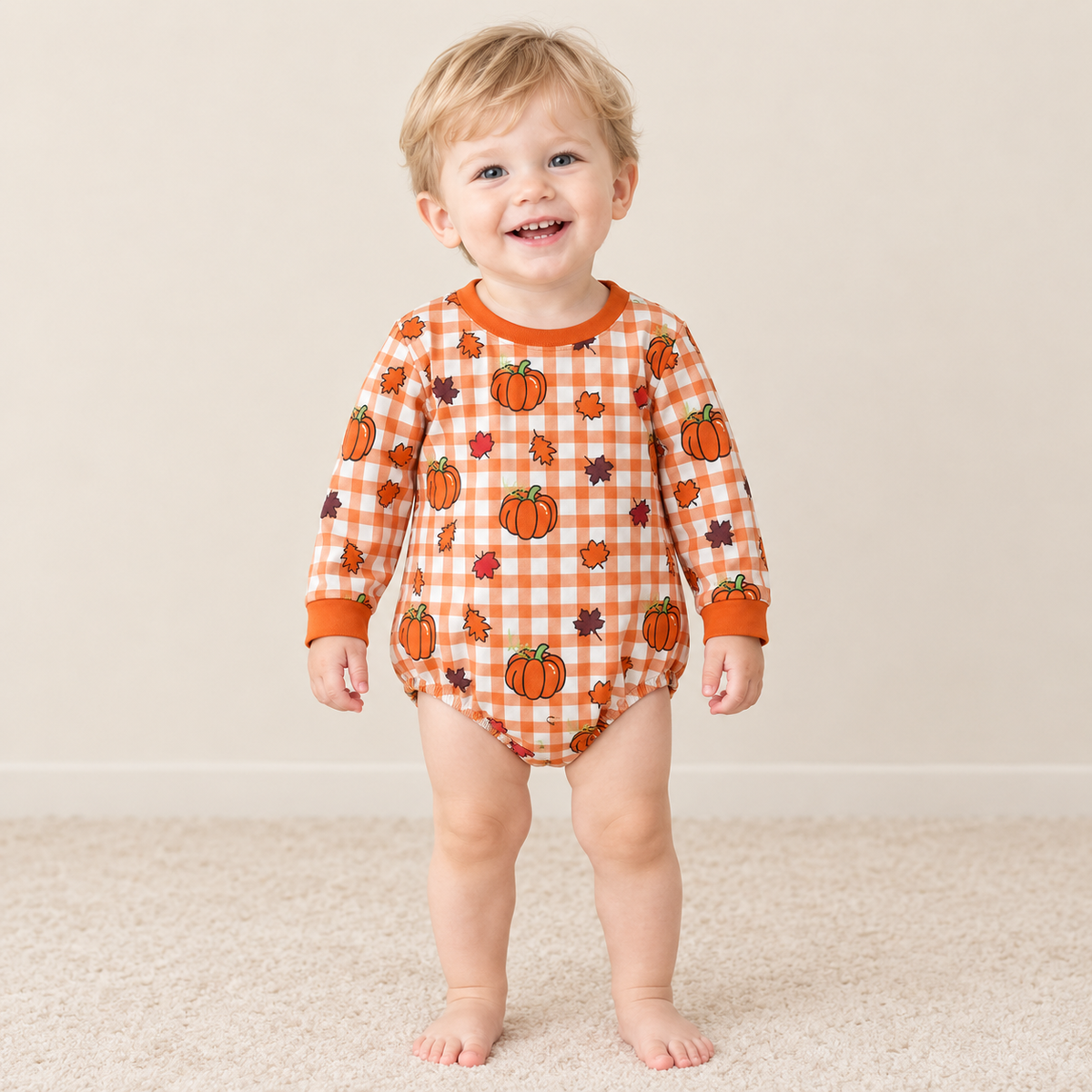 NEW RTS NO MOQ milk silk LR3236 Baby Boys Long Sleeve Orange Checked Pumpkins Leaves Fall Romper