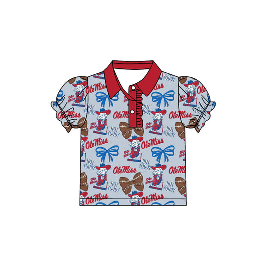 7.30Preorder(moq 5)Baby Girls Olemiss Bows Team Short Sleeve Tee Pullovers Polo Shirts Tops