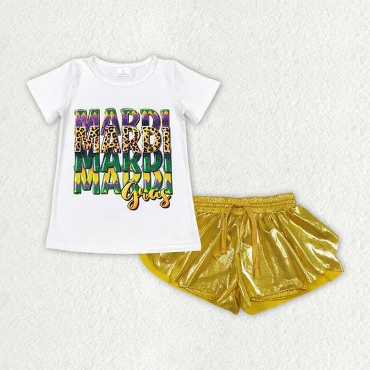 GSSO3045White leopard Mardi Gras top yellow shorts kids girls outfits