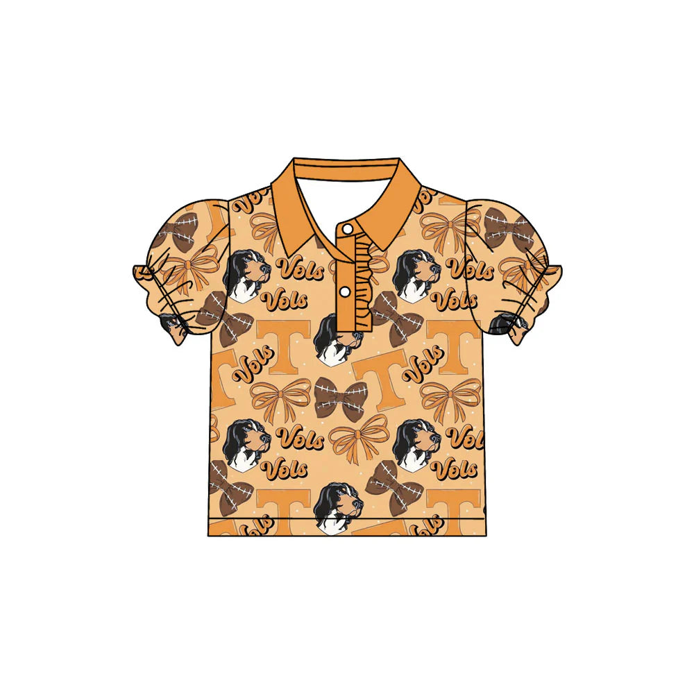 7.30Preorder(moq 5)Baby Girls Tennissee Vols Bows Team Short Sleeve Tee Pullovers Polo Shirts Tops