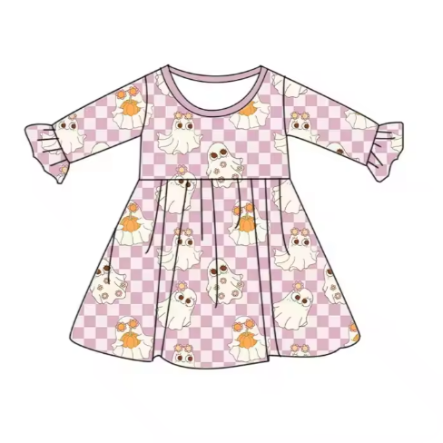 6.9 Halloween cartoon pumpkin plaid long-sleeved dress