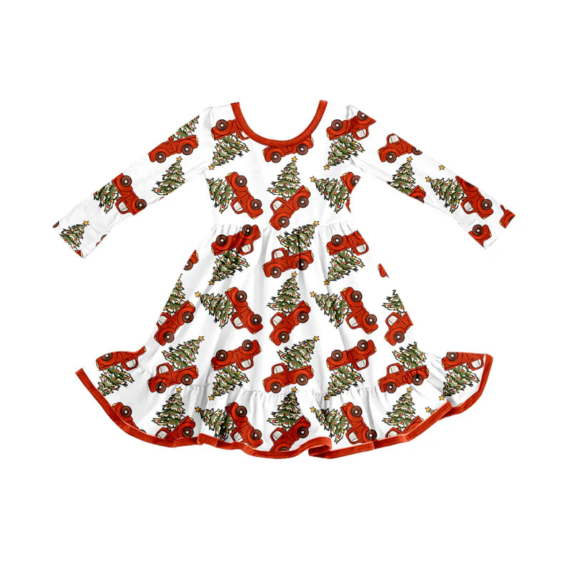 8.12Preorder (moq 5)Baby Girls Christmas Trees Trucks Ruffle Knee Length Dresses