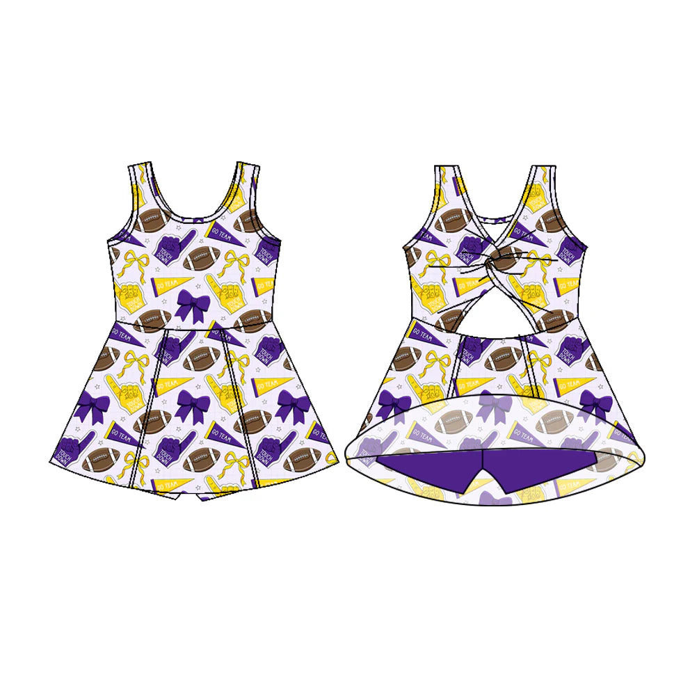7.18Preorder (moq 5)Baby Girls Sleeveless Yellow Purple Bows Footballs Shorts Team Knee Length Dress