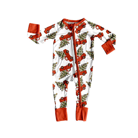 8.12Preorder(moq 5)Baby Infant Christmas Trees Trucks Red Zipper Footie Rompers