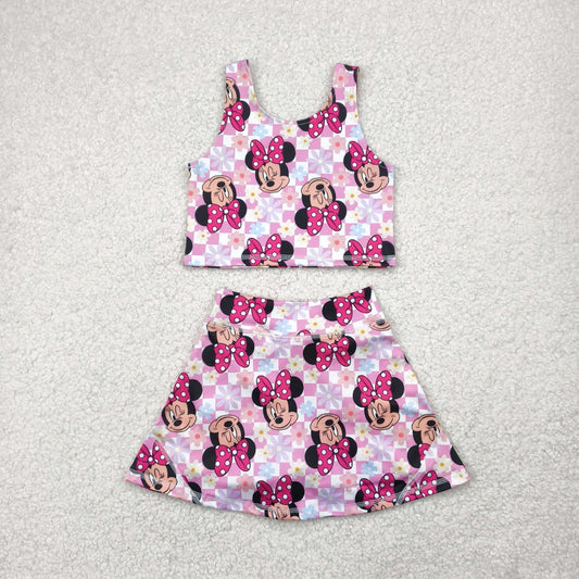 4.26 GSD2460 Mickey and Minnie flower pink and white plaid vest pants skirt yoga set