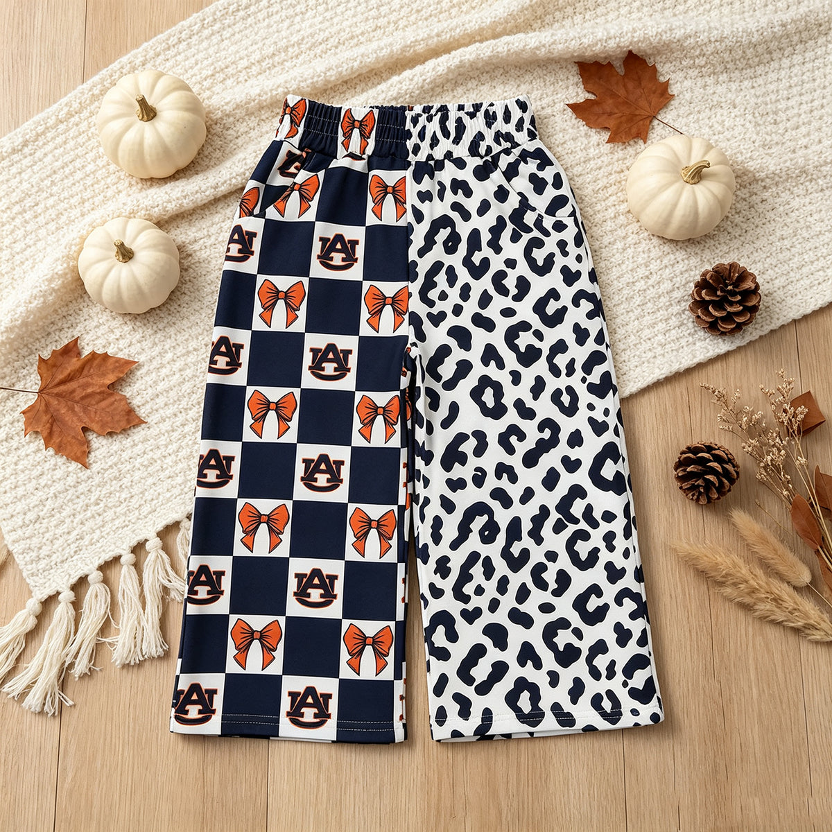 NEW RTS NO MOQ Yoga P1120 Baby Girls Bows Leopard Team Pockets Flare Pants Bottom