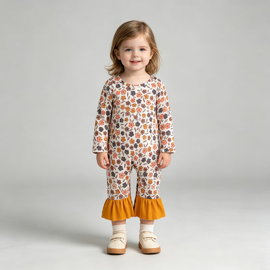 NEW RTS NO MOQ milk silk  LR3024 Baby Girls Colorful Flowers Long Sleeve Ruffle Rompers