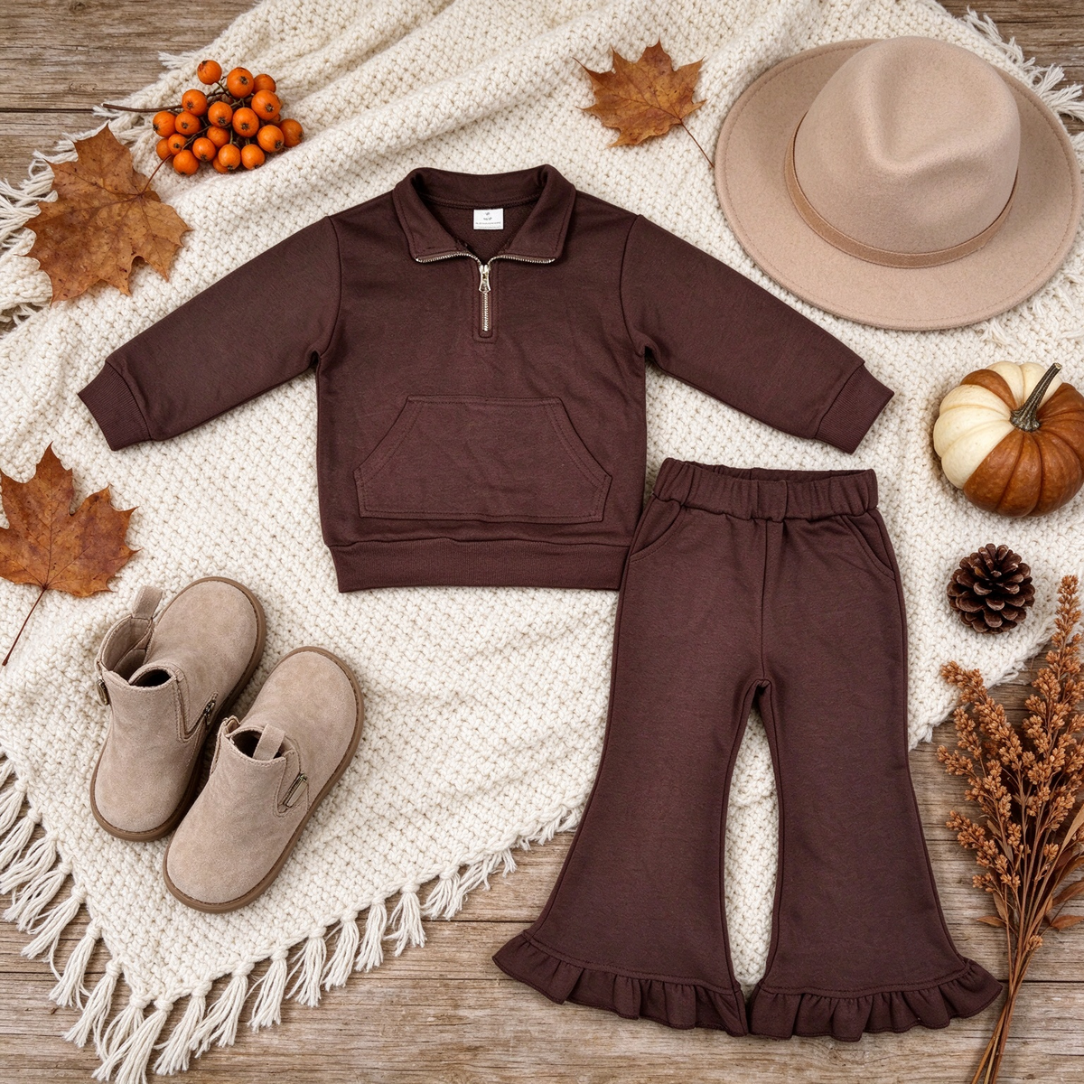 NEW RTS NO MOQ fleece GLP3491（GT1766+P1074）Baby Girls Brown Zip Pockets Top Ruffle Flare Pant Sweater Clothes Set Cute Casual Outfit