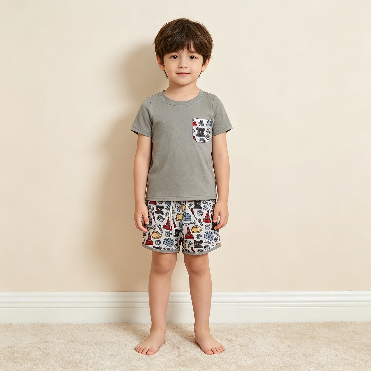 NEW RTS NO MOQ milk silk BSSO2005 Baby Boys Short Sleeve Shirt Top Tools Boxes Pockets Short Clothes Set
