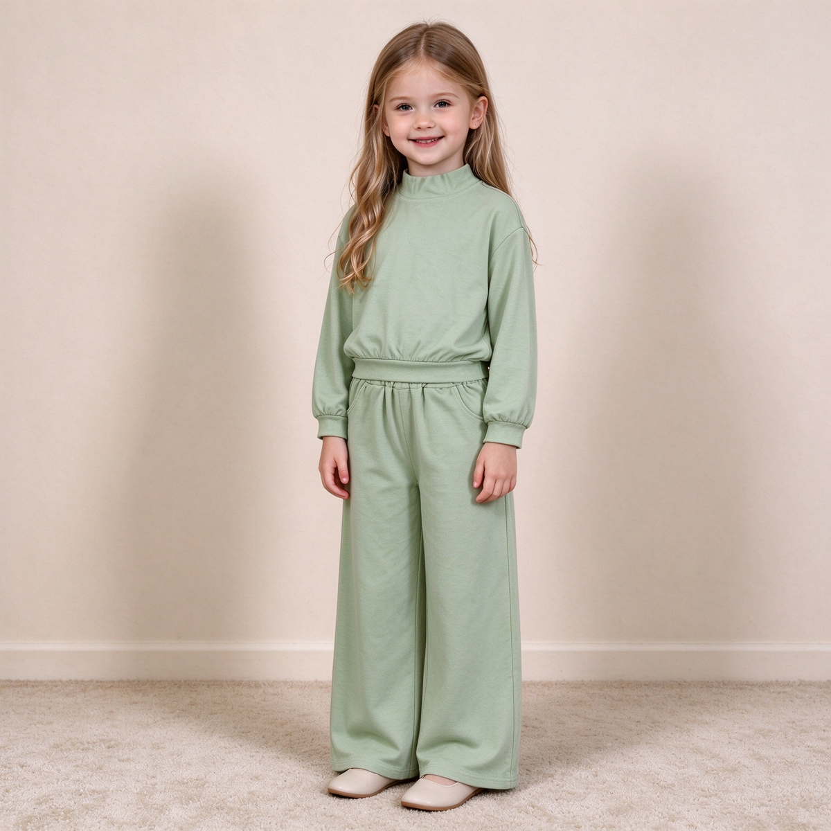 NEW RTS NO MOQ milk silk GLP3474 Baby Girls Light Green Choker Shirt Top Pockets Flare Pant Fall Pajamas Clothes Set