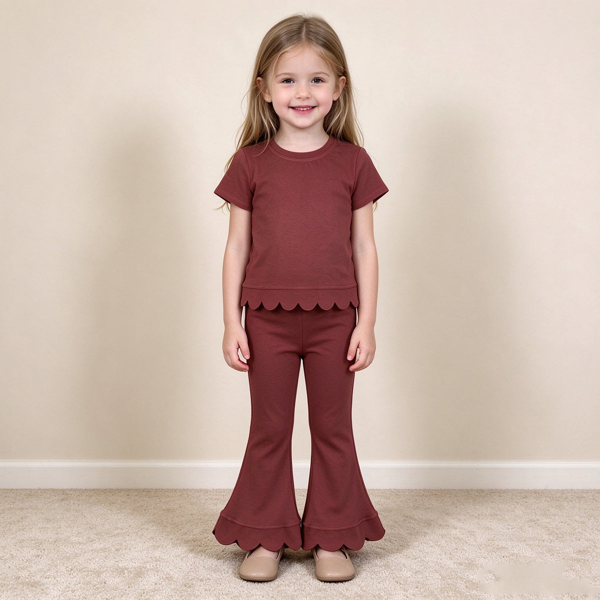 NEW RTS NO MOQ cotton GSPO2347（GT1777+P1085）Baby Girls Brown Short Sleeve Shirts Top Flare Pant Scallop Set