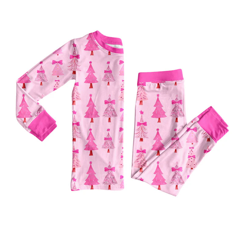 7.16Preorder (moq 5)Baby Girls Hot Pink Long Sleeves Christmas Trees Plaid Top Pant Pajamas Set
