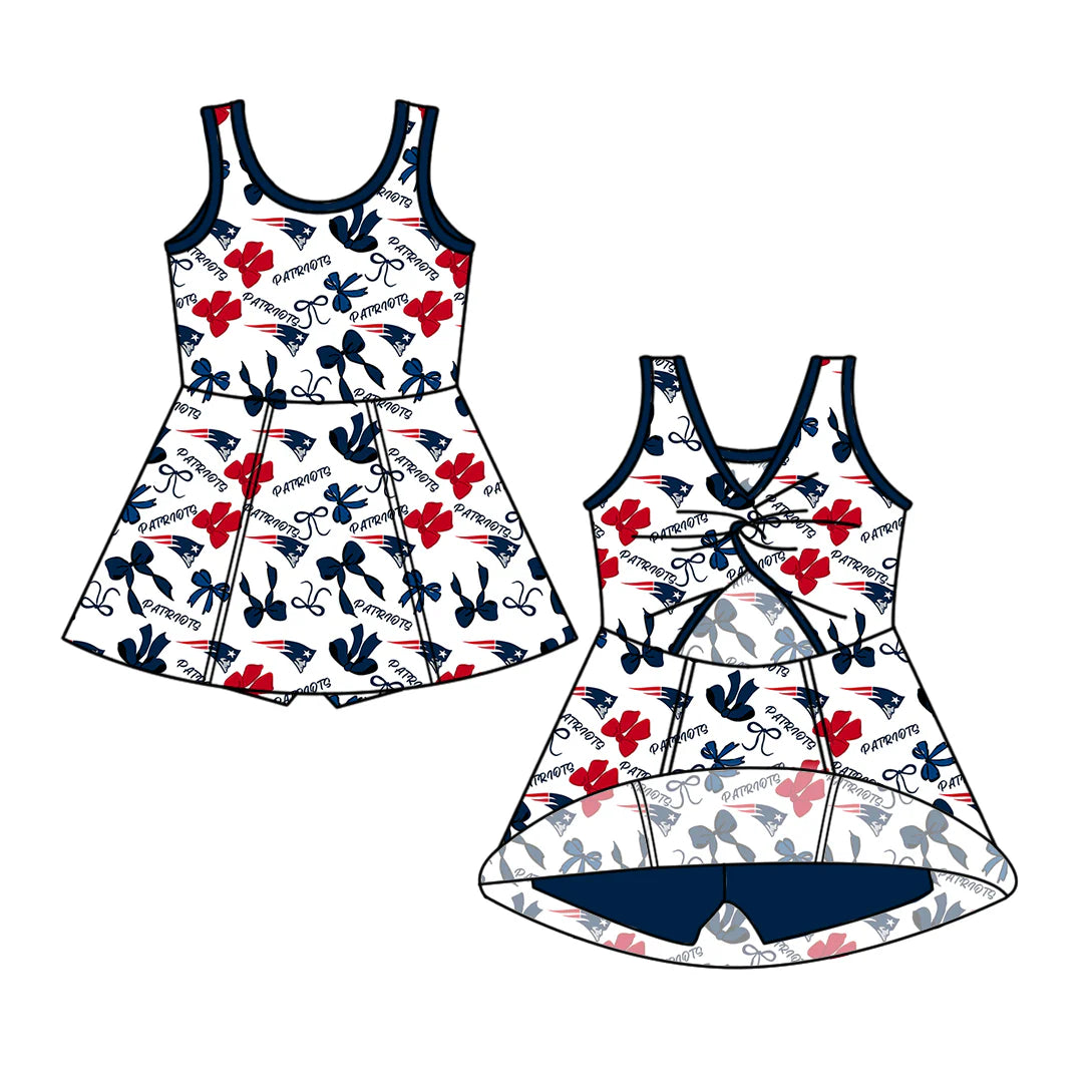 6.30Preorder (moq 5)Baby Girls Sleeveless Bows Plaid Patriots Shorts Team Knee Length Dresses