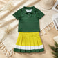 NEW RTS NO MOQ yoga fabric cotton GT1727+GLK0319 Yoga Baby Girls Green Short Sleeve Yoga Active Button Polo Shirts Top Daily Top Yellow Green White Yoga Active Pleated Skirt Short Bottoms Sets