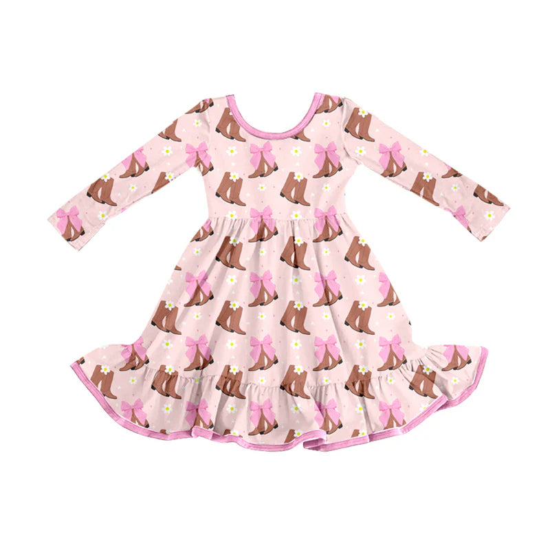 8.11Preorder (moq 5)Baby Girls Western Boots Bows Ruffle Knee Length Dresses