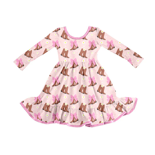 8.11Preorder (moq 5)Baby Girls Western Boots Bows Ruffle Knee Length Dresses