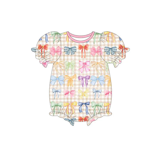 X923Preorder (moq 5)Baby Girls Colorful Bows Checked Short Ruffle Sleeve Rompers
