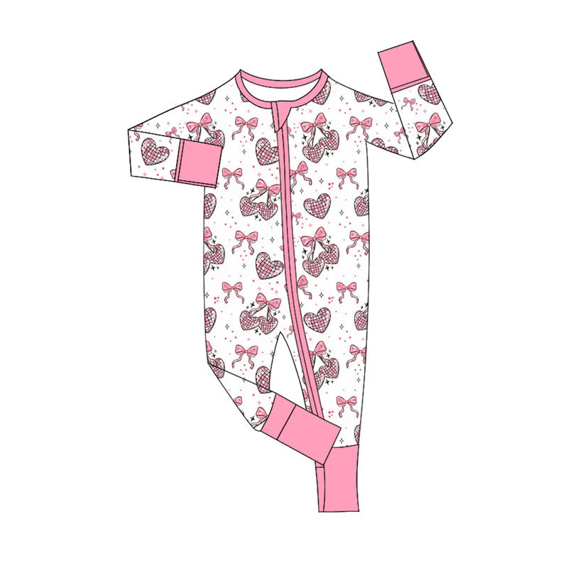 X922Preorder (moq 5)Baby Girls Pink Bows Hearts Valentine Zipper Footie Rompers
