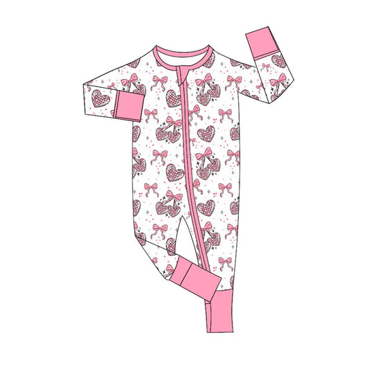 X922Preorder (moq 5)Baby Girls Pink Bows Hearts Valentine Zipper Footie Rompers