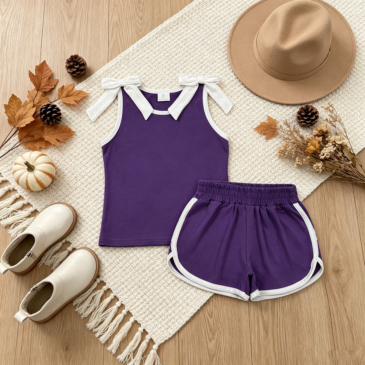NEW RTS NO MOQ milk silk GSSO3858 Baby Girls Purple White Bows Sleeveless Vests Pockets Short Clothes Sets