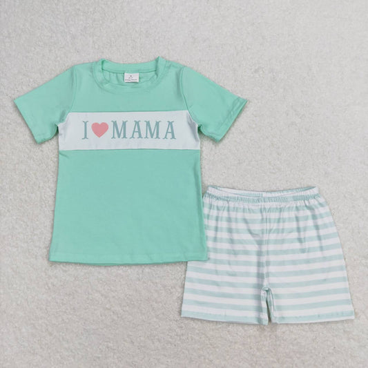 BSSO0751 I love mama lettering teal short-sleeved striped shorts suit