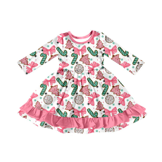 X917Preorder (moq 5)Baby Girls Long Sleeves Bows Candy Cane Ruffle Knee Length Dresses