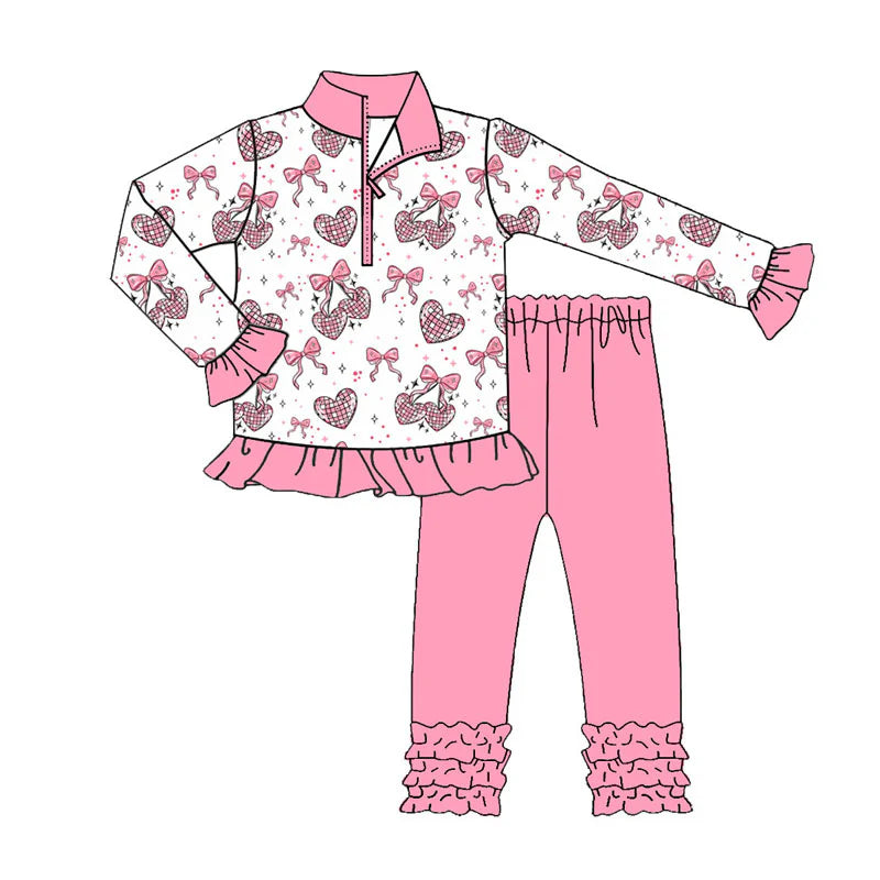 X922Preorder (moq 5)Baby Girls Bows Hearts Zipper Pullovers Ruffle Leggings Valentine Clothes Sets