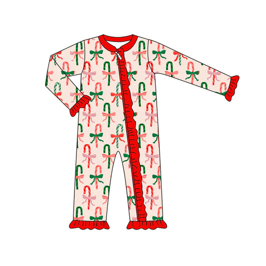 7.14Preorder (moq 5)Baby Girls Long Sleeves Red Green Bows Candy Cane Ruffle Zipper Pant Romper