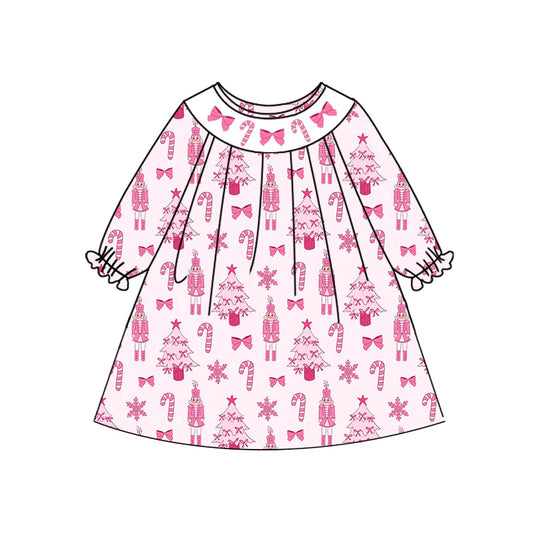 7.11Preorder (moq 5)Baby Girls Long Sleeves Pink Bows Candy Cane Soldiers Knee Length Dresses