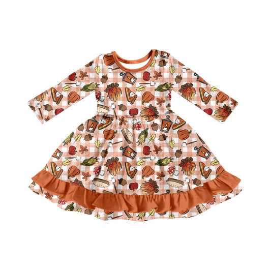 7.12Preorder (moq 5)Baby Girls Long Sleeves Pumpkins Leaves Plaid Ruffle Knee Length Dresses