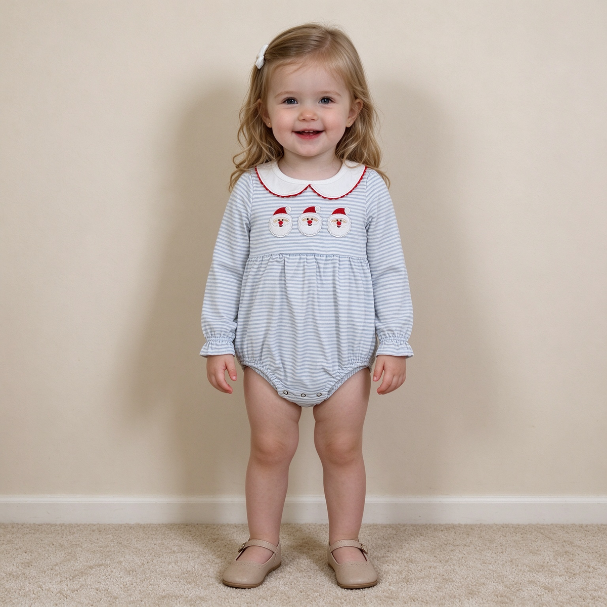 NEW RTS NO MOQ milk silk LR3136 Embroidery Santa Baby Girls Blue Stripe Christmas Ruffle Rompers