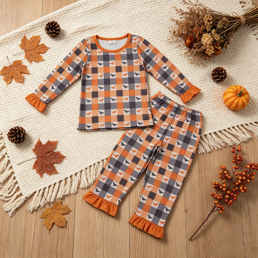 NEW RTS NO MOQ milk silk GLP3533 Baby Girls Bats Checked Top Ruffle Pant Halloweens Pajamas Sets