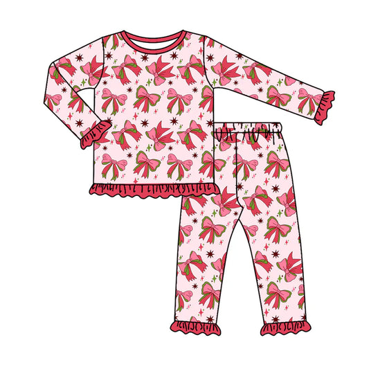 7.9Preorder (moq 5)Baby Girls Long Sleeves Red Bows Stars Plaid Top Pant Pajamas Clothes Set