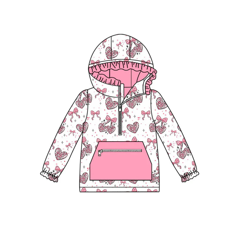 X922Preorder (moq 5)Baby Girls Pink Bows Hearts Pocket Zipper Valentine Ruffle Hoodies Top