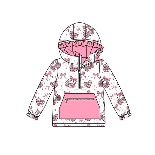 X922Preorder (moq 5)Baby Girls Pink Bows Hearts Pocket Zipper Valentine Ruffle Hoodies Top