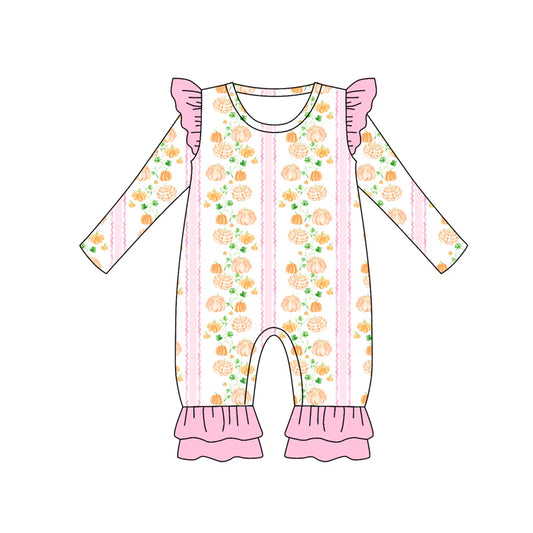 7.14Preorder (moq 5)Baby Girls Long Sleeves Pumpkins Stripes Ruffle Pant Romper