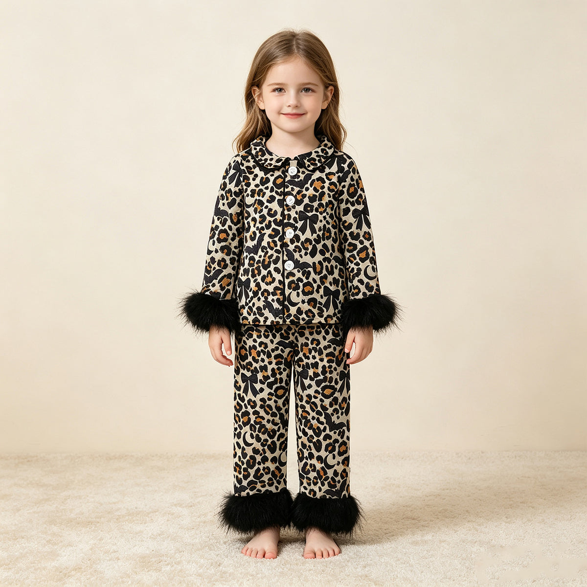 RTS NO MOQ milk silk GLP3640 Baby Girls Leopard Bats Button Top Pant Fur Sleeves Halloween Pajamas Set