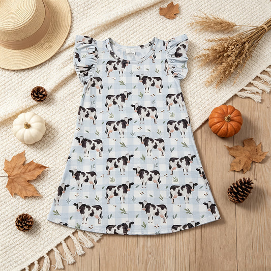 NEW RTS NO MOQ milk silk GSD3895 Baby Girls Flutter Sleeve Blue Checked Cows Farm Knee Length Dresses