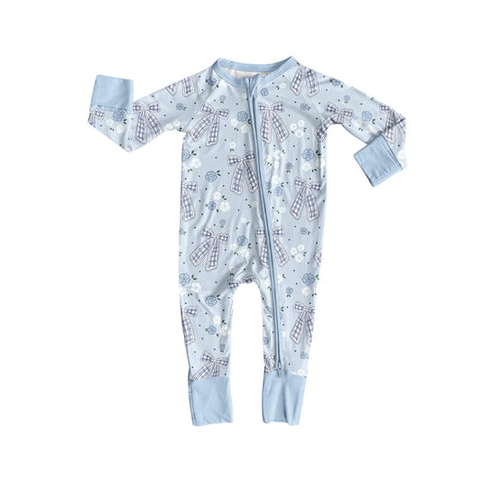 8.9Preorder(moq 5)Baby Infant Boys Blue Bows Flowers Plaid Zipper Rompers