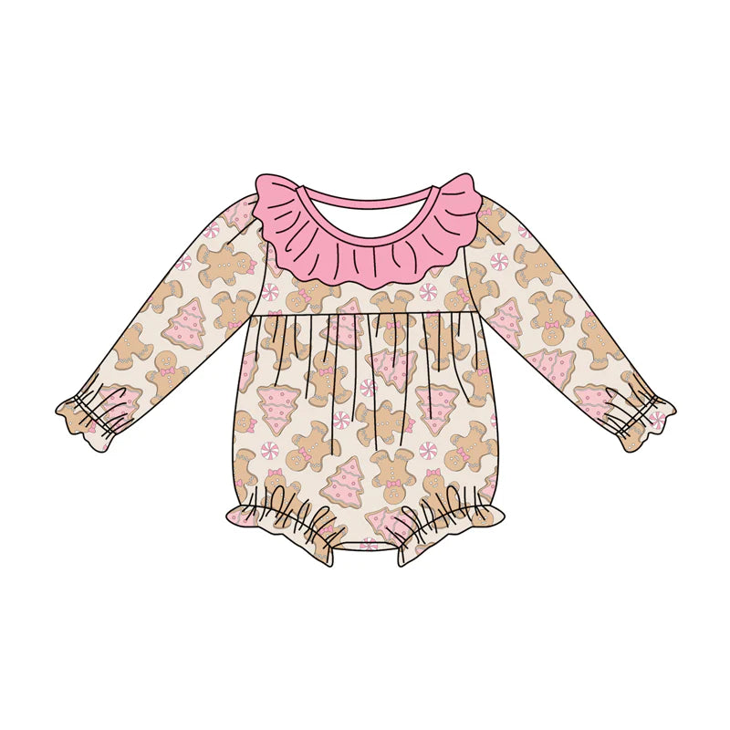 7.14Preorder (moq 5)Baby Girls Long Sleeves Gingerbread Bows Trees Plaid Ruffle Romper