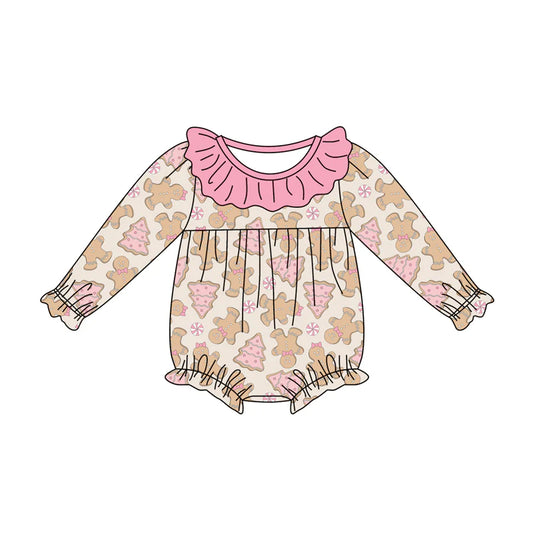 7.14Preorder (moq 5)Baby Girls Long Sleeves Gingerbread Bows Trees Plaid Ruffle Romper
